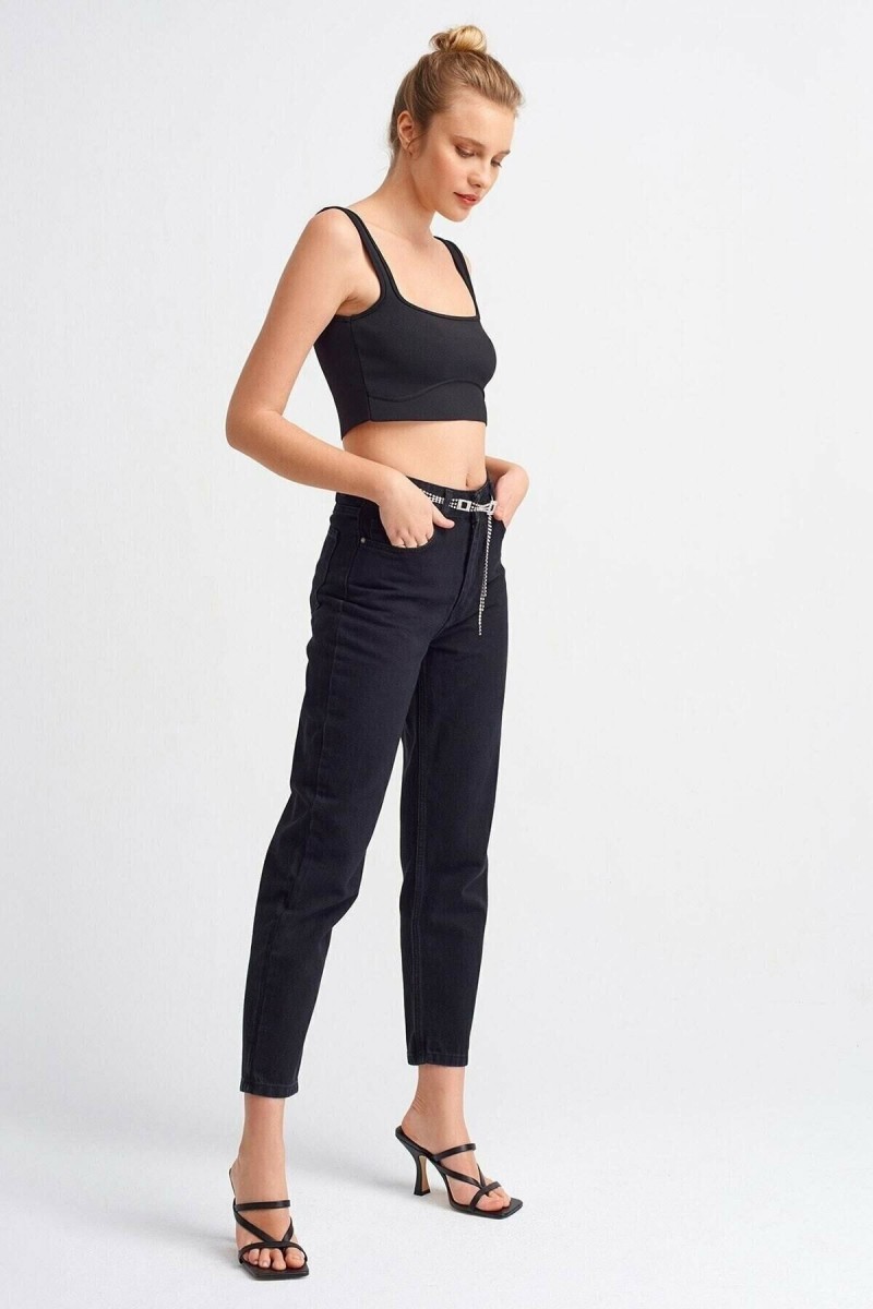 Siyah Mom Jeans Yumuşak Likralı Yüksek Bel Kot Pantolon