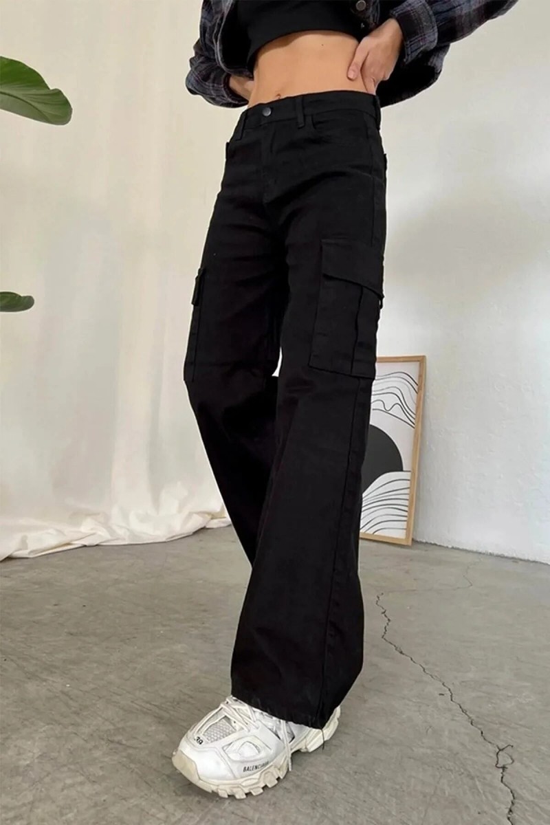 Catherine Siyah Kargo Salaş Arka Cepsiz Likralı Süper Yüksek Bel Jean Pantolon