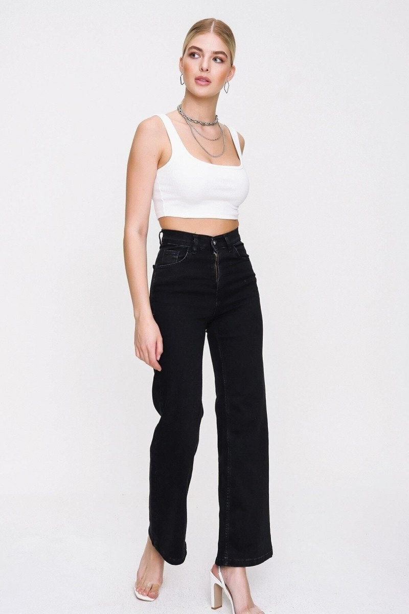 Cendy Kadın Salaş Likralı 90's Solmayan Siyah Süper Yüksek Bel Salaş Paça Denim Kot Palazzo Pantolon