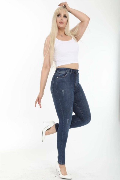 Orta Mavi Tırnaklı Büyük Beden Sımsıkı Toparlayıcı Jeans Sımsıkı