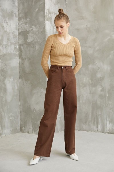 Aliss Kahverengi Power Likralı Kadın Yüksek Bel Salaş Paça Salaş Jans Kot Pantolon