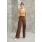 Aliss Kahverengi Power Likralı Kadın Yüksek Bel Salaş Paça Salaş Jans Kot Pantolon