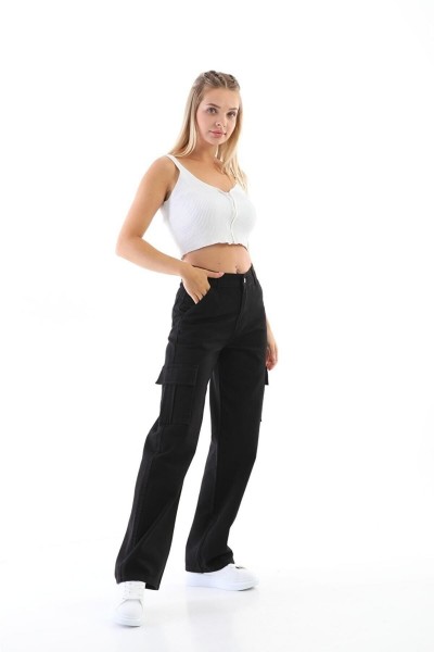 Eylül Siyah Kargo Salaş Arka Cepsiz Likralı Süper Yüksek Bel Jean Pantolon