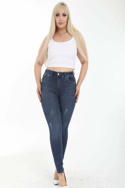 Orta Mavi Tırnaklı Büyük Beden Sımsıkı Toparlayıcı Jeans Sımsıkı