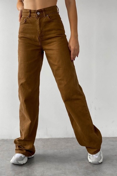 Cesy Likralı Kadın Kahverengi Süper Yüksek Bel Salaş Paça Denim Kot Salaş Pantolon