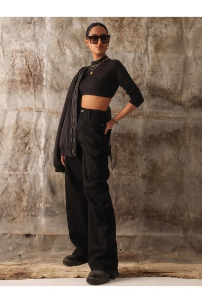 Nicola Likralı Kadın Siyah Süper Yüksek Bel Salaş Paça Denim Kot Salaş Pantolon