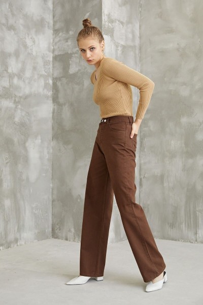 Aliss Kahverengi Power Likralı Kadın Yüksek Bel Salaş Paça Salaş Jans Kot Pantolon