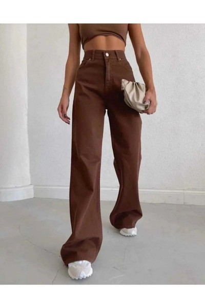 All Blue Salaş Likralı Kadın Kahverengi Süper Yüksek Bel Salaş Paça Denim Kot Palazzo Pantolon