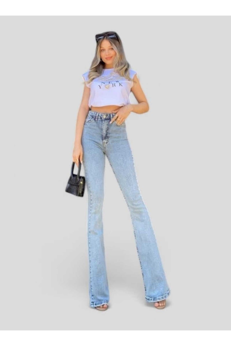 Miya Mavi Kar Yıkama Gold Ispanyol Ispanyol Jean Yüksek Bel Kot Pantolon