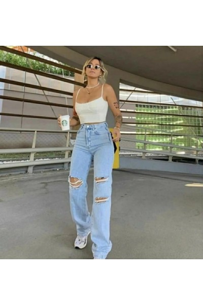 İrina S.o.l.m.a.z Yırtık Buz Mavi Likralı Süper Yüksek Bel Salaş Jean Pantolon (süper Yüksek )