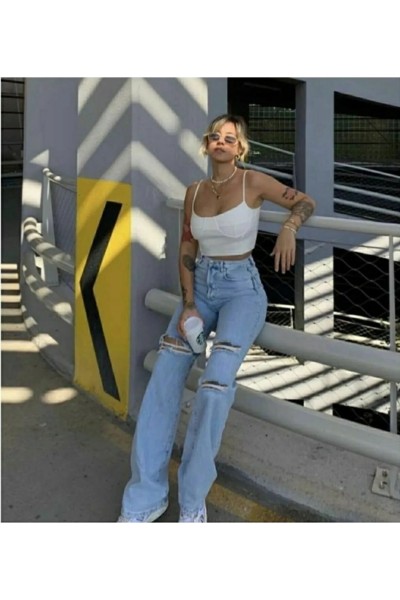 İrina S.o.l.m.a.z Yırtık Buz Mavi Likralı Süper Yüksek Bel Salaş Jean Pantolon (süper Yüksek )