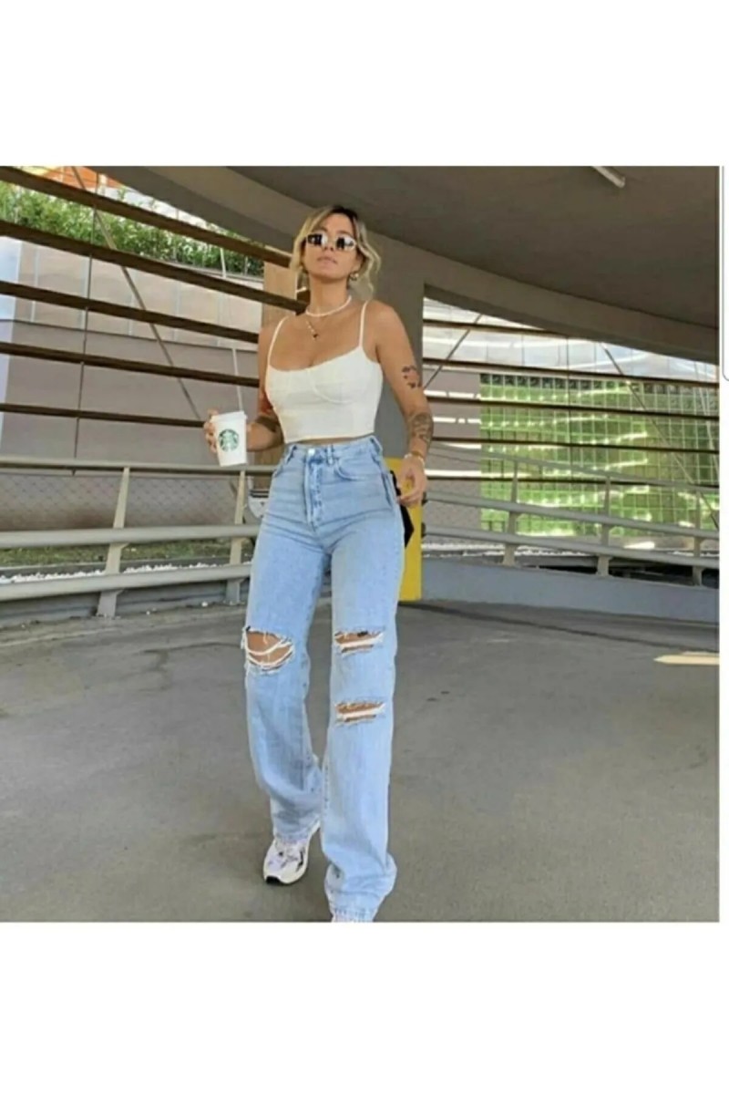 İrina S.o.l.m.a.z Yırtık Buz Mavi Likralı Süper Yüksek Bel Salaş Jean Pantolon (süper Yüksek )