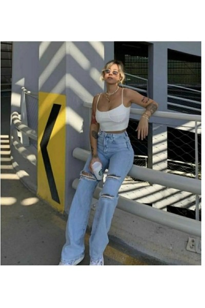 S.o.l.m.a.z Açık Mavi Likralı Süper Yüksek Bel Salaş Jean Pantolon (süper Yüksek ) Wide Leg.