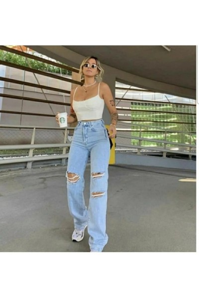 S.o.l.m.a.z Açık Mavi Likralı Süper Yüksek Bel Salaş Jean Pantolon (süper Yüksek ) Wide Leg.