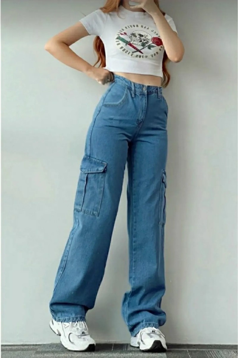 Alya Koyu Mavi Kargo Salaş Arka Cepsiz Likralı Süper Yüksek Bel Jean Pantolon