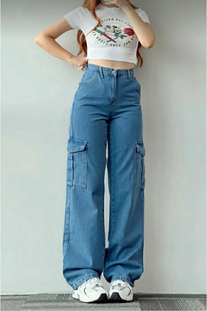 Alya Koyu Mavi Kargo Salaş Arka Cepsiz Likralı Süper Yüksek Bel Jean Pantolon
