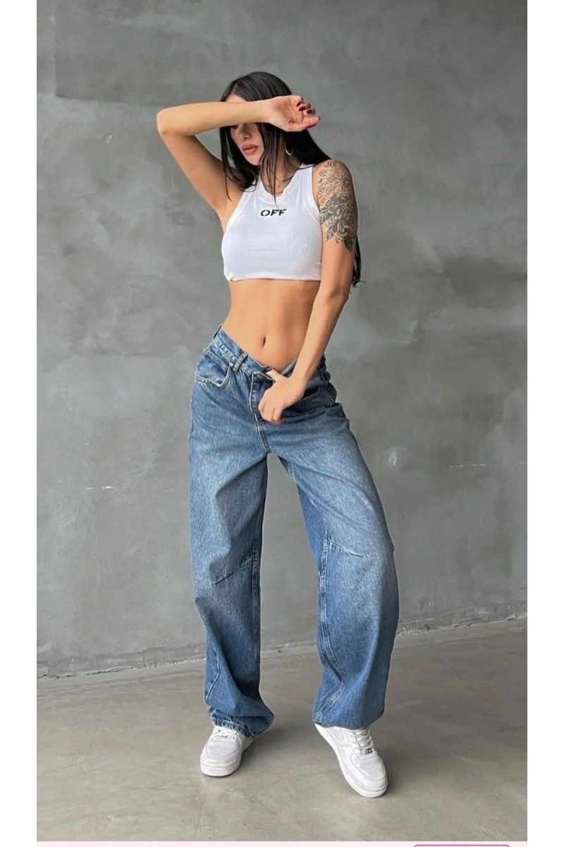 Diane Orta Mavi Toka Detaylı Bol Kesim Geniş Paça Rahat Baggy Jean Kot Salaş Kadın Pantolon