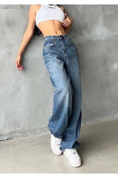 Diane Orta Mavi Toka Detaylı Bol Kesim Geniş Paça Rahat Baggy Jean Kot Salaş Kadın Pantolon