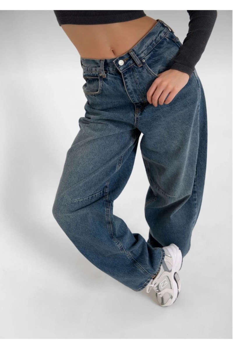 Mavi Tint Yıkama Toka Detaylı Bol Kesim Geniş Paça Rahat Baggy Jean Kot Salaş Kadın Pantolon