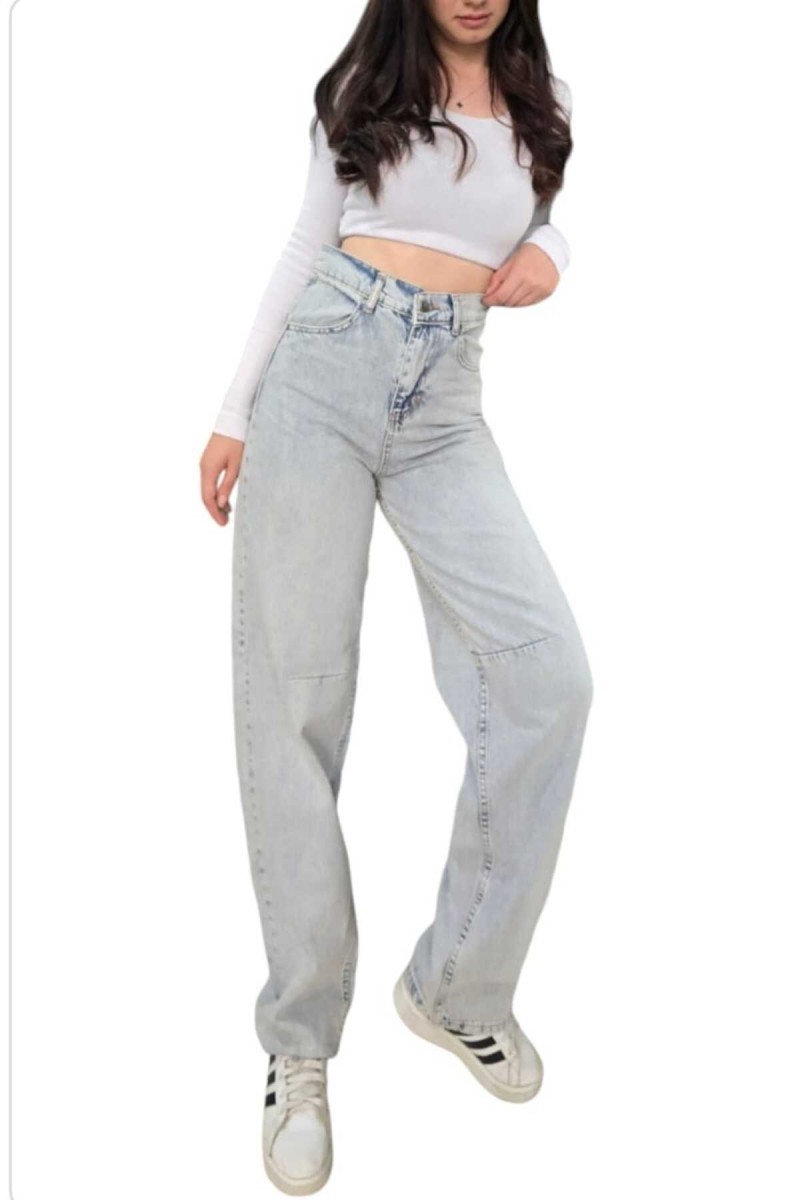 Baggy Jeans Toka Detaylı Buz Mavi  Kar Üstü Kimyasal Süper Yüksek Bel Likrasız