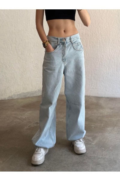 Julie Baggy Açık Kar Yıkama Toka Detaylı Bol Kesim Geniş Paça Rahat Baggy Jean Kot Salaş