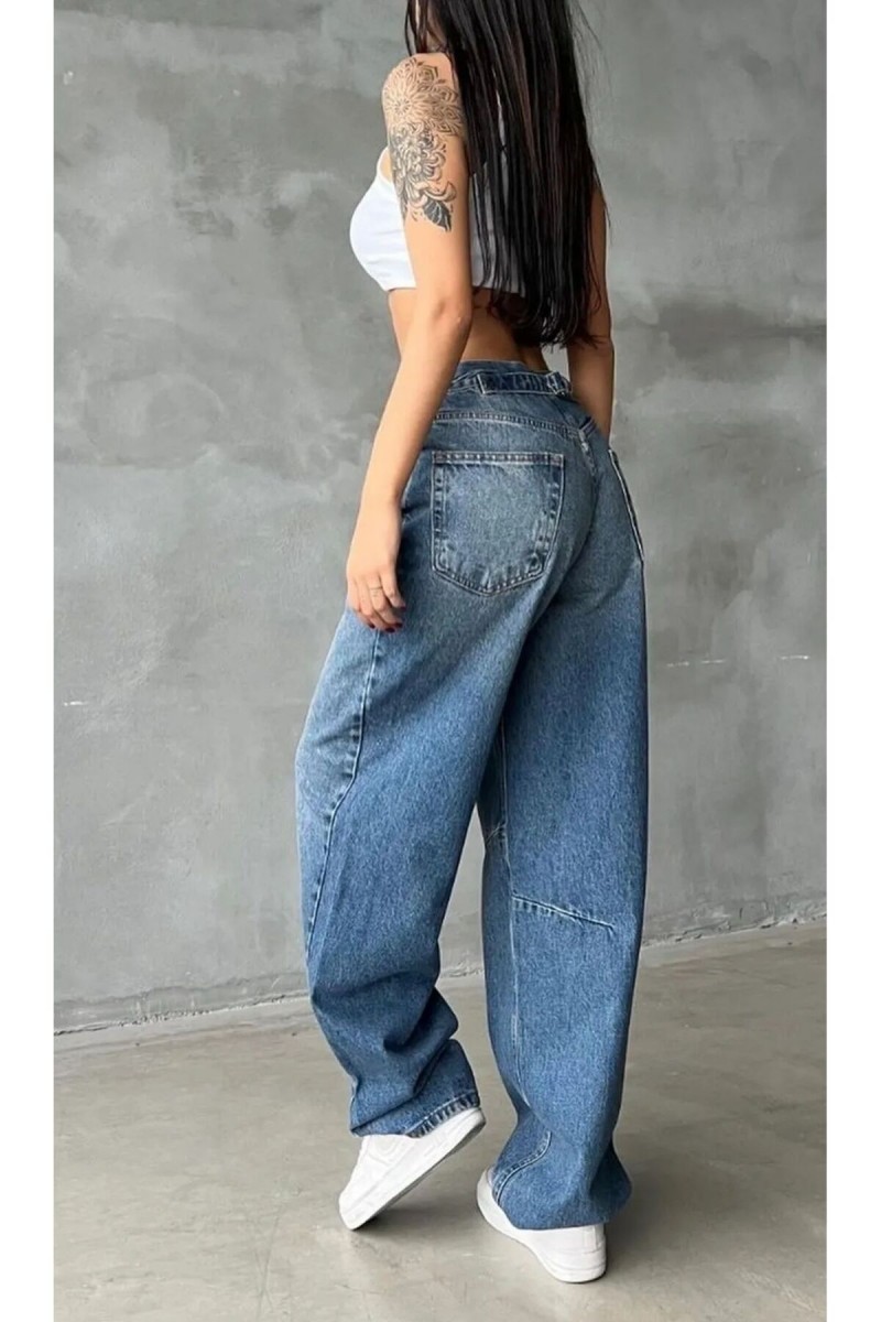 Diane Orta Mavi Toka Detaylı Bol Kesim Geniş Paça Rahat Baggy Jean Kot Salaş Kadın Pantolon