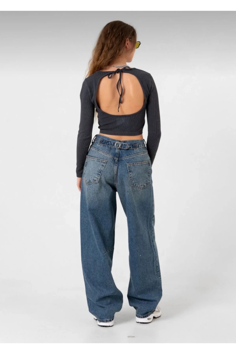 Mavi Tint Yıkama Toka Detaylı Bol Kesim Geniş Paça Rahat Baggy Jean Kot Salaş Kadın Pantolon