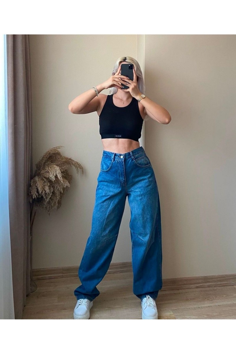 Milla Koyu Mavi Toka Detaylı Bol Kesim Geniş Paça Rahat Baggy Jean Kot Salaş Kadın Pantolon