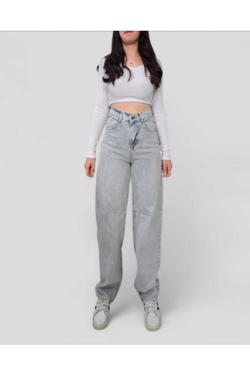 Baggy Jeans Toka Detaylı Buz Mavi  Kar Üstü Kimyasal Süper Yüksek Bel Likrasız