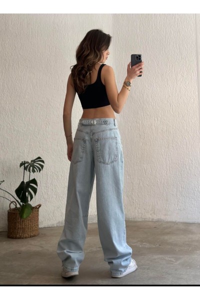 Julie Baggy Açık Kar Yıkama Toka Detaylı Bol Kesim Geniş Paça Rahat Baggy Jean Kot Salaş