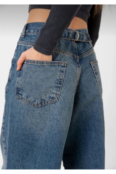 Mavi Tint Yıkama Toka Detaylı Bol Kesim Geniş Paça Rahat Baggy Jean Kot Salaş Kadın Pantolon