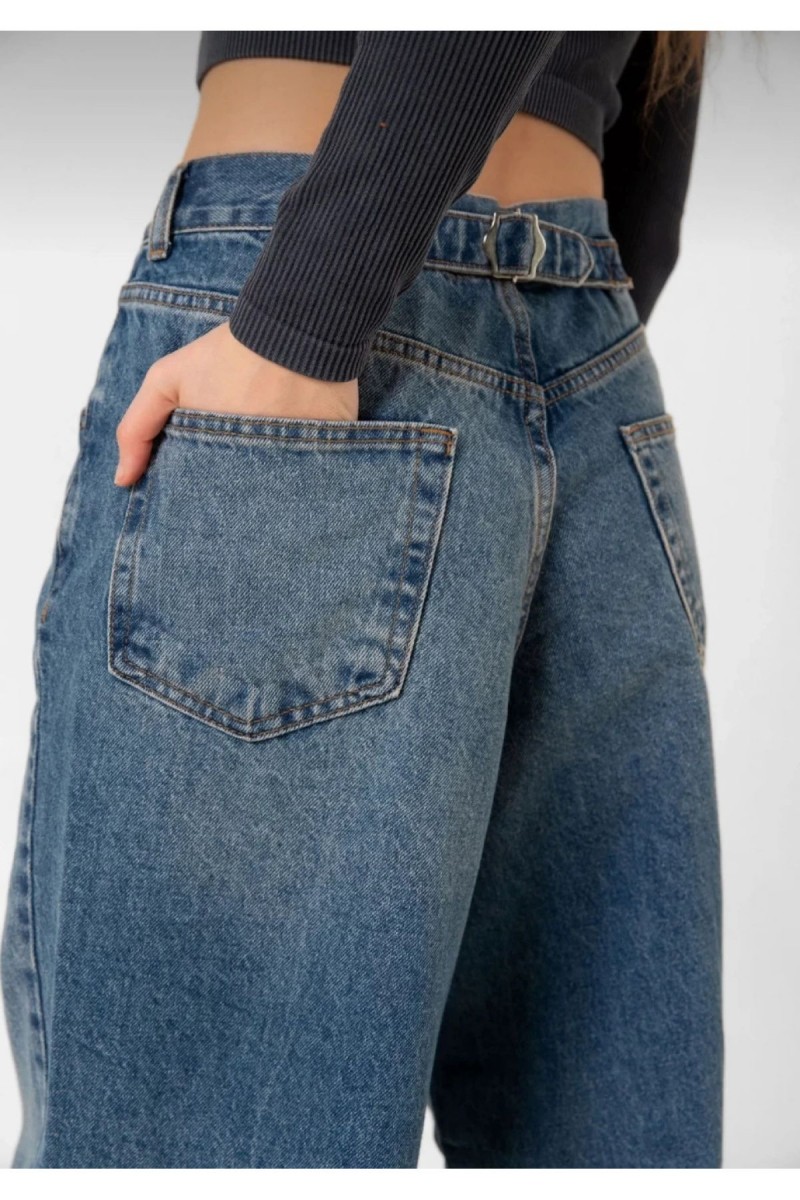 Mavi Tint Yıkama Toka Detaylı Bol Kesim Geniş Paça Rahat Baggy Jean Kot Salaş Kadın Pantolon