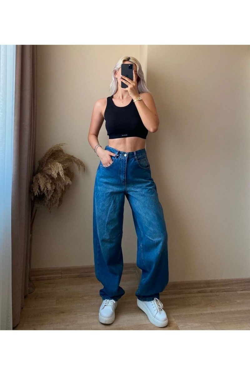 Milla Koyu Mavi Toka Detaylı Bol Kesim Geniş Paça Rahat Baggy Jean Kot Salaş Kadın Pantolon