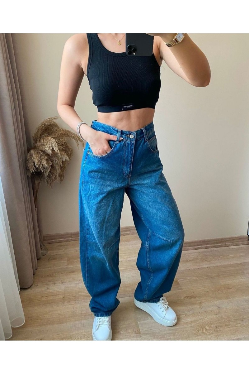 Milla Koyu Mavi Toka Detaylı Bol Kesim Geniş Paça Rahat Baggy Jean Kot Salaş Kadın Pantolon
