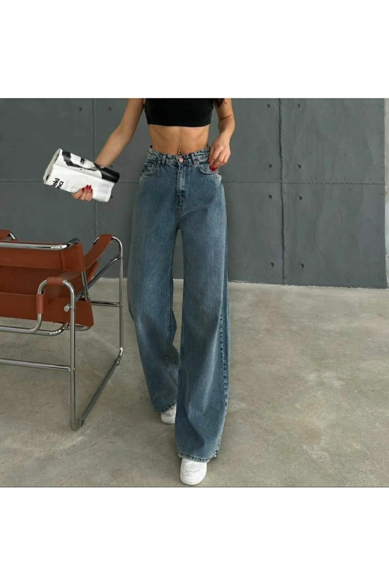 Emma 90's Orta Mavi Kar Likralı Süper Yüksek Bel Salaş Paça Kot Palazzo Pantolon