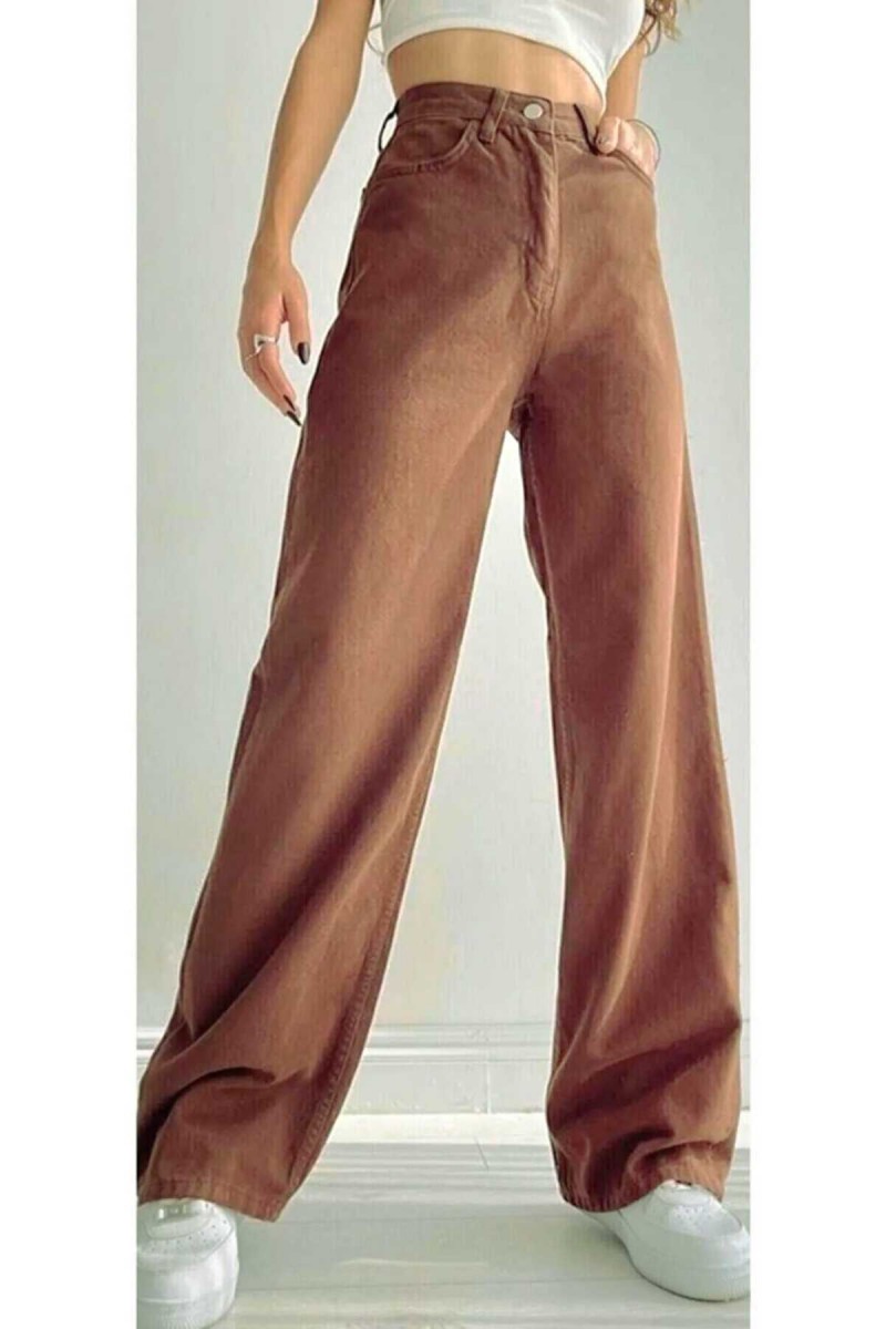 A.c.a.i.p Kahverengi Likralı Süper Yüksek Bel Salaş Paça Denim Palazzo Pantolon