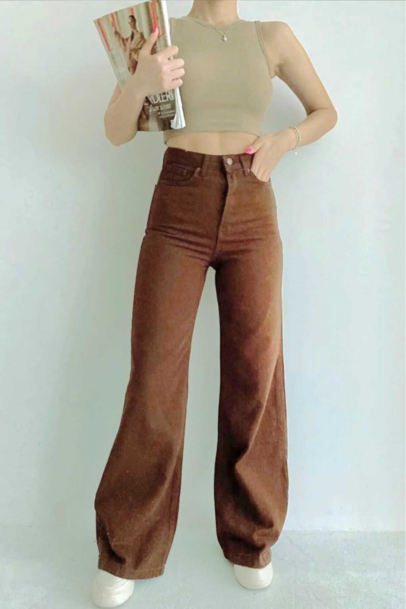 Kahverengi Likralı Süper Yüksek Bel Salaş Jeans Palazzo Pantolon. (süper Yüksek) Wide Leg Kahverengi Likralı Süper Yüksek Bel Salaş Jeans Palazzo Pantolon. (süper Yüksek) Wide Leg
