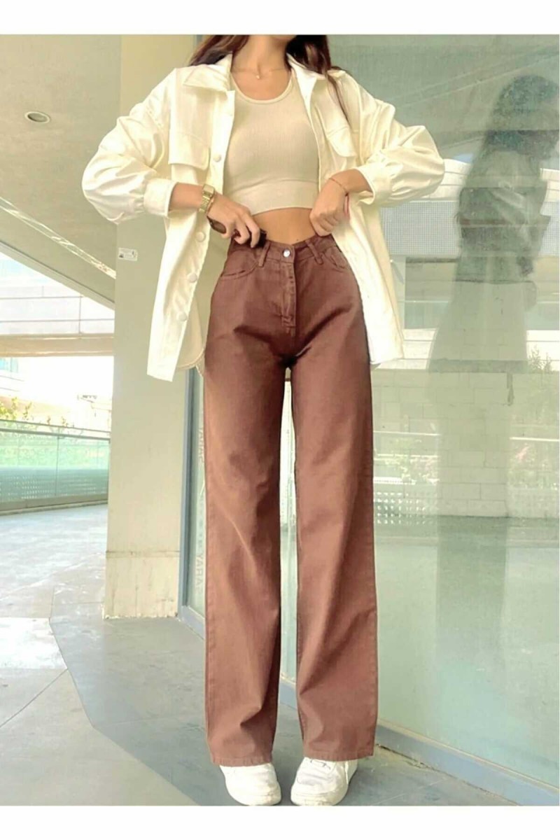 Kahverengi Likralı Süper Yüksek Bel Salaş Jeans Palazzo Pantolon. (süper Yüksek) Wide Leg