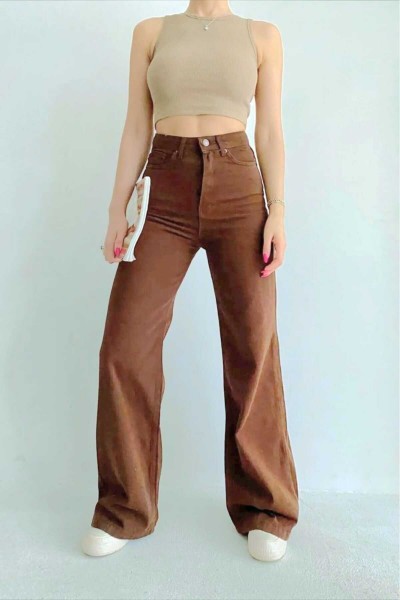 Kahverengi Likralı Süper Yüksek Bel Salaş Jeans Palazzo Pantolon. (süper Yüksek) Wide Leg