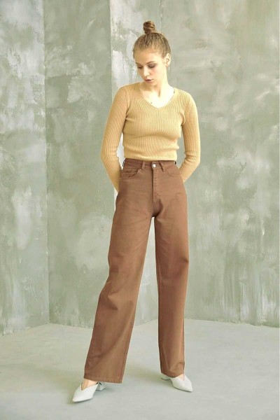 Aliss Kahverengi Power Likralı Kadın Yüksek Bel Salaş Paça Salaş Jans Kot Pantolon