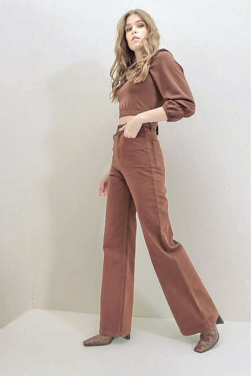 Kahverengi Likralı Süper Yüksek Bel Salaş Jeans Palazzo Pantolon. (süper Yüksek) Wide Leg