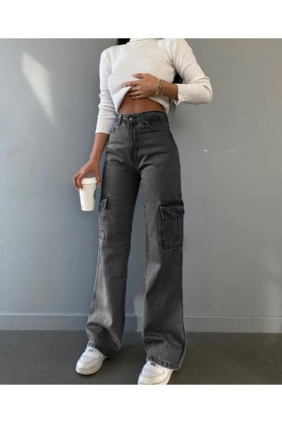 Estelita Kadın Siyah Kargo Cep Arka Cepsiz Exstra Yüksek Bel Palazzo Jean Pantalon