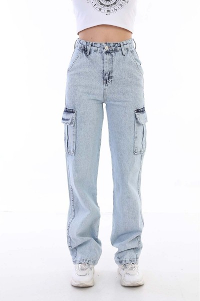 Delmera Kadın Siyah Kargo Cep Arka Cepsiz Exstra Yüksek Bel Palazzo Jean Pantalon