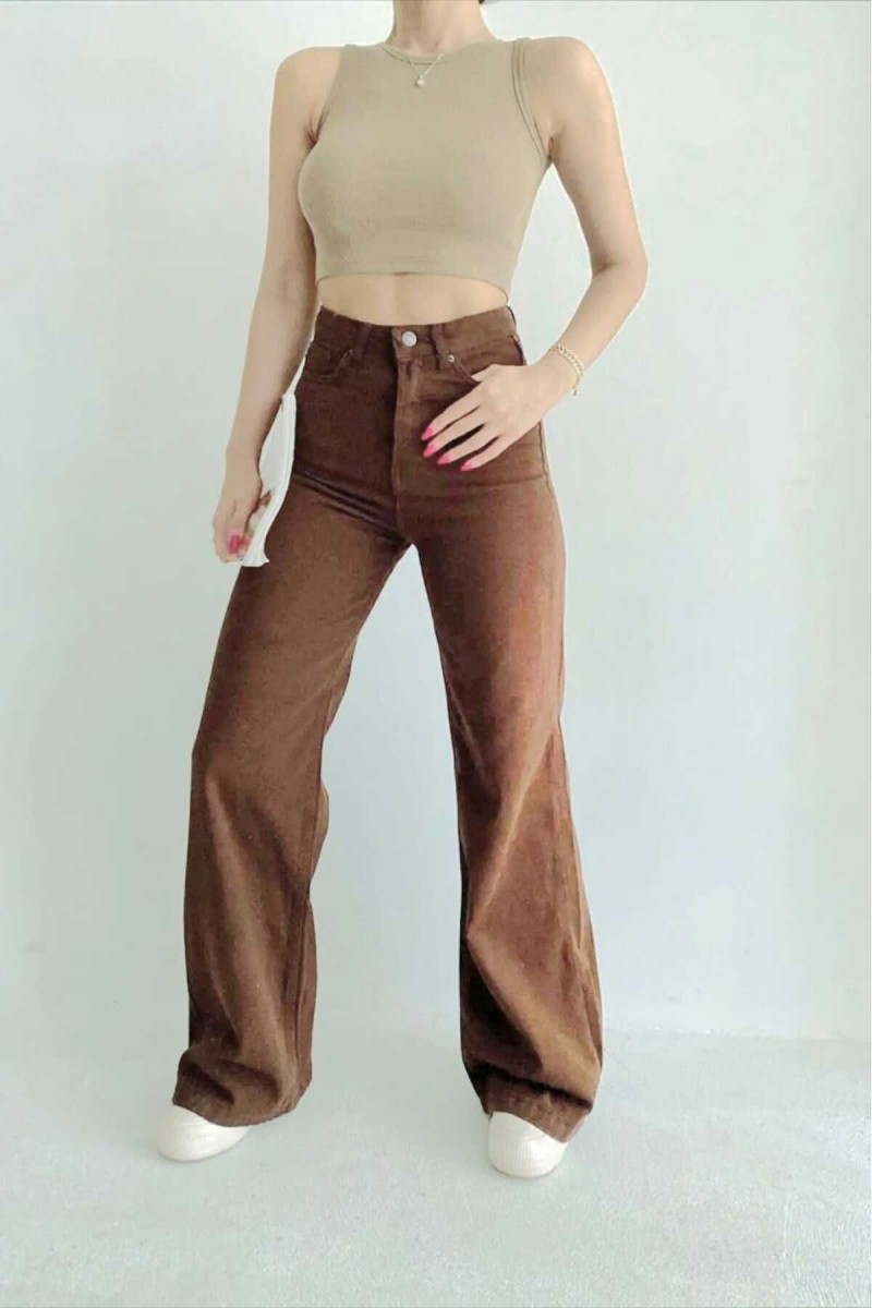 Kahverengi Likralı Süper Yüksek Bel Salaş Jeans Palazzo Pantolon. (süper Yüksek) Wide Leg Kahverengi Likralı Süper Yüksek Bel Salaş Jeans Palazzo Pantolon. (süper Yüksek) Wide Leg