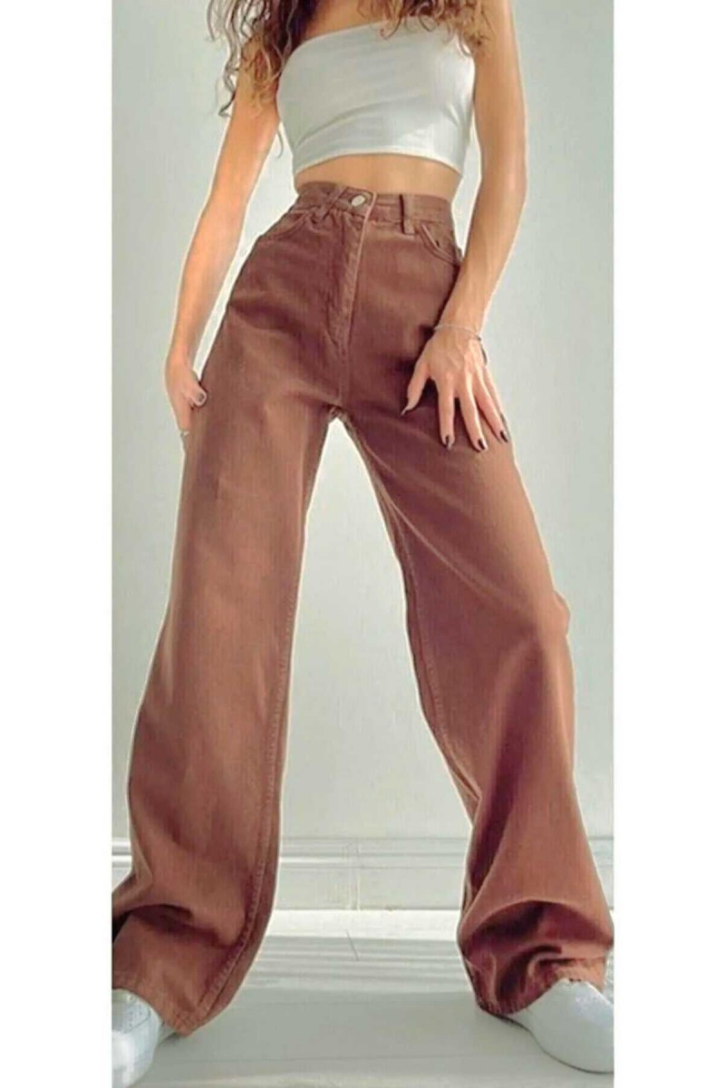 Alya Ikon Gold Salaş Kot Pantolon Kahverengi Likralı Palazzo