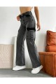 Estelita Kadın Siyah Kargo Cep Arka Cepsiz Exstra Yüksek Bel Palazzo Jean Pantalon
