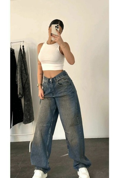 Lola Mavi Baggy Tint li Toka Detaylı Bol Kesim Geniş Paça Rahat Baggy Jean Kot Salaş Kadın Pantolon