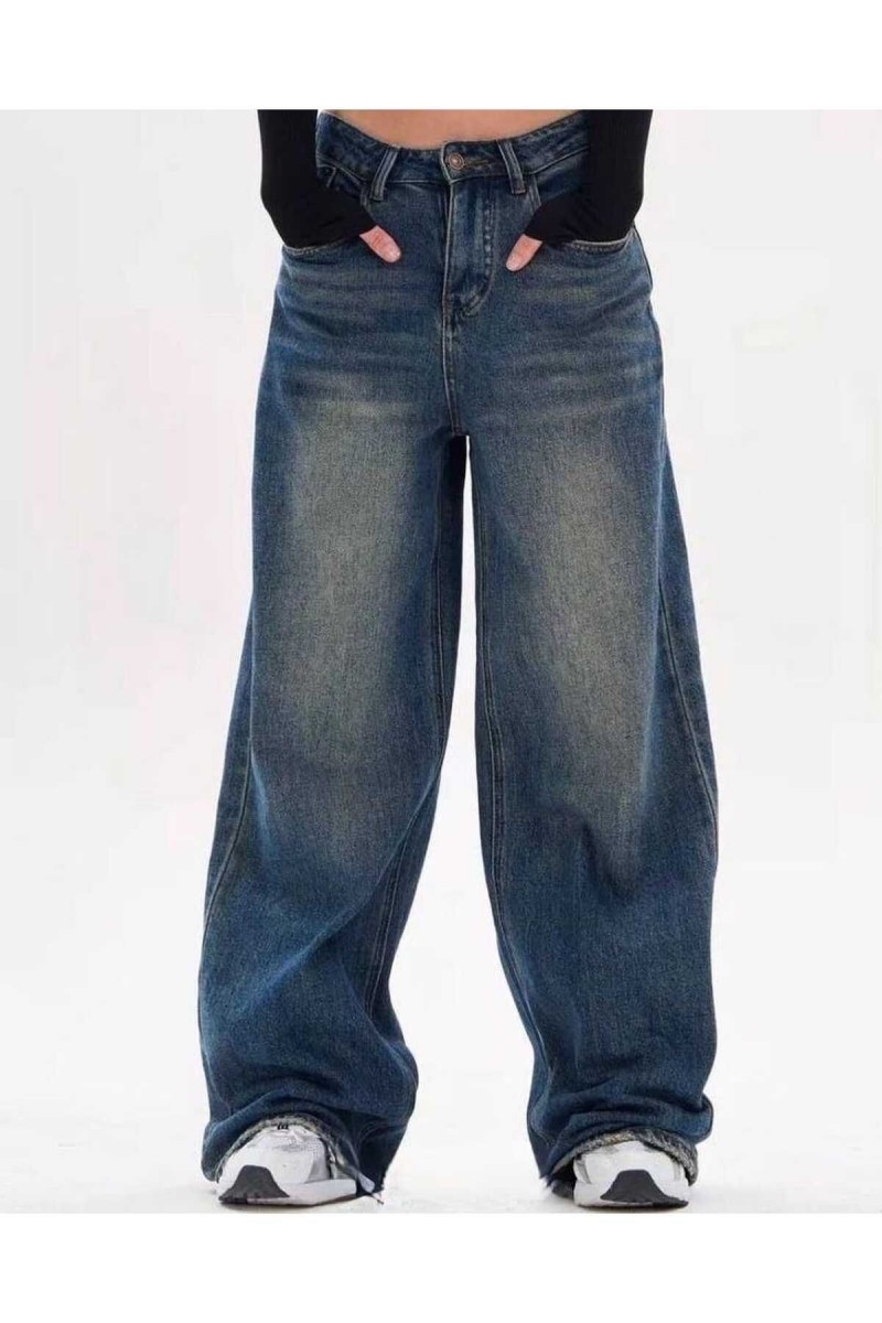 Musiala Koyu Mavi Baggy Toka Detaylı Bol Kesim Geniş Paça Rahat Baggy Jean Kot Salaş Kadın Pantolon