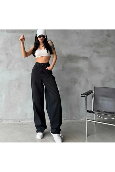 Musiala Siyah Baggy Toka Detaylı Bol Kesim Geniş Paça Rahat Baggy Jean Kot Salaş Kadın Pantolon