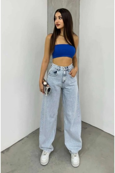 Musiala Mavi Baggy Toka Detaylı Bol Kesim Geniş Paça Rahat Baggy Jean Kot Salaş Kadın Pantolon